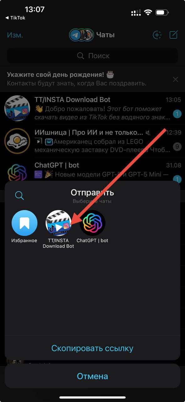 Отправить ссылку TikTok боту в Telegram